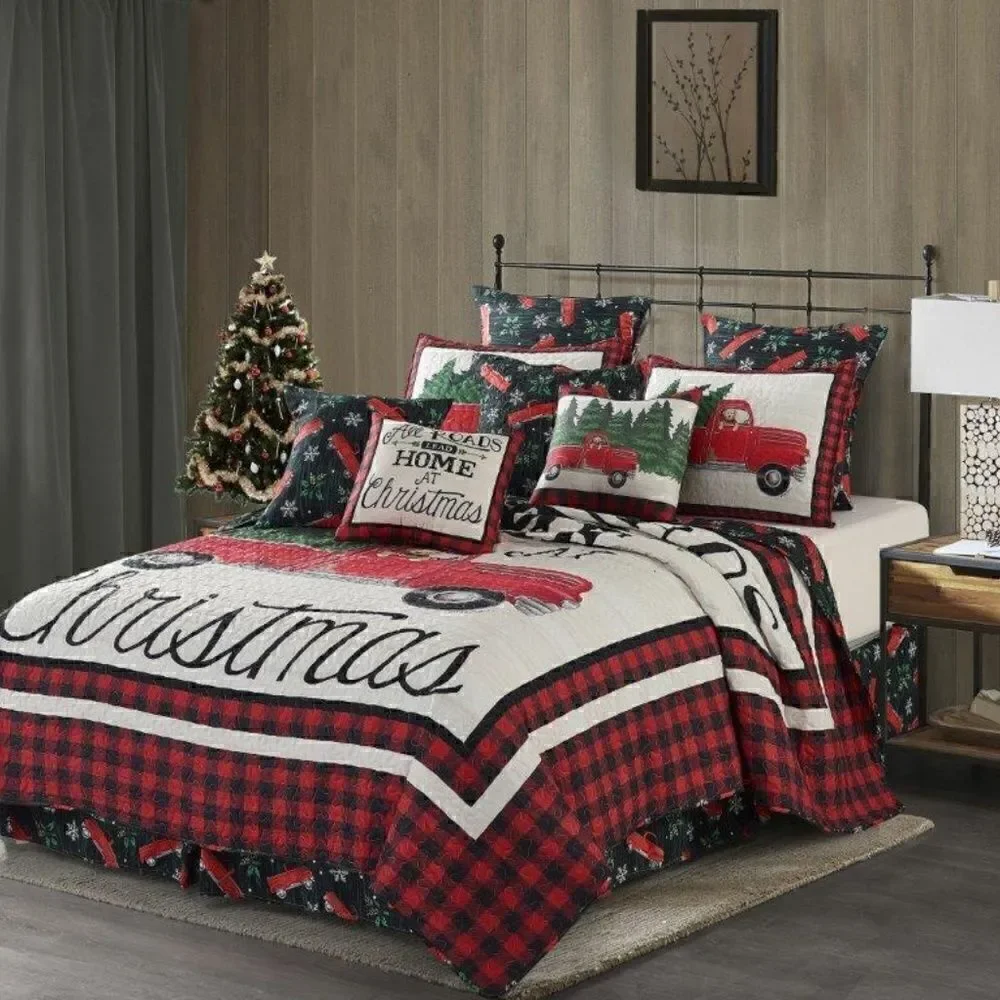 NEW! Farmhouse Old Red Truck Buffalo Plaid Quilt Set Country Christmas Tree Farm